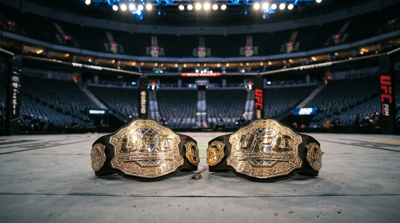 Two UFC championship belts resting on an empty octagon canvas under arena work lights
