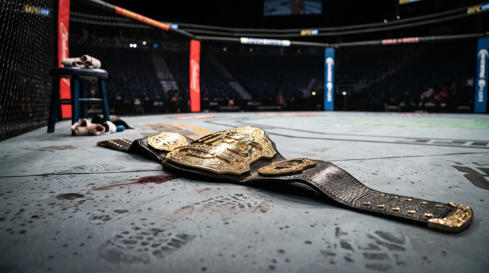 A championship belt resting on the octagon canvas under bright arena lights after a title fight