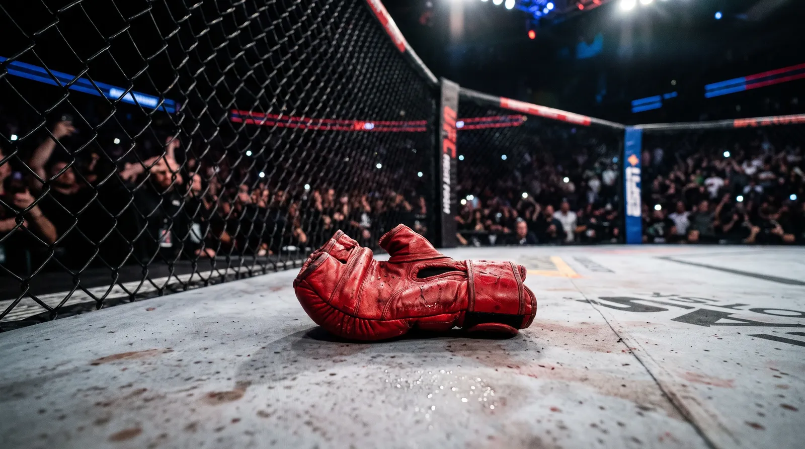 A red MMA glove resting on the octagon canvas under bright arena lights