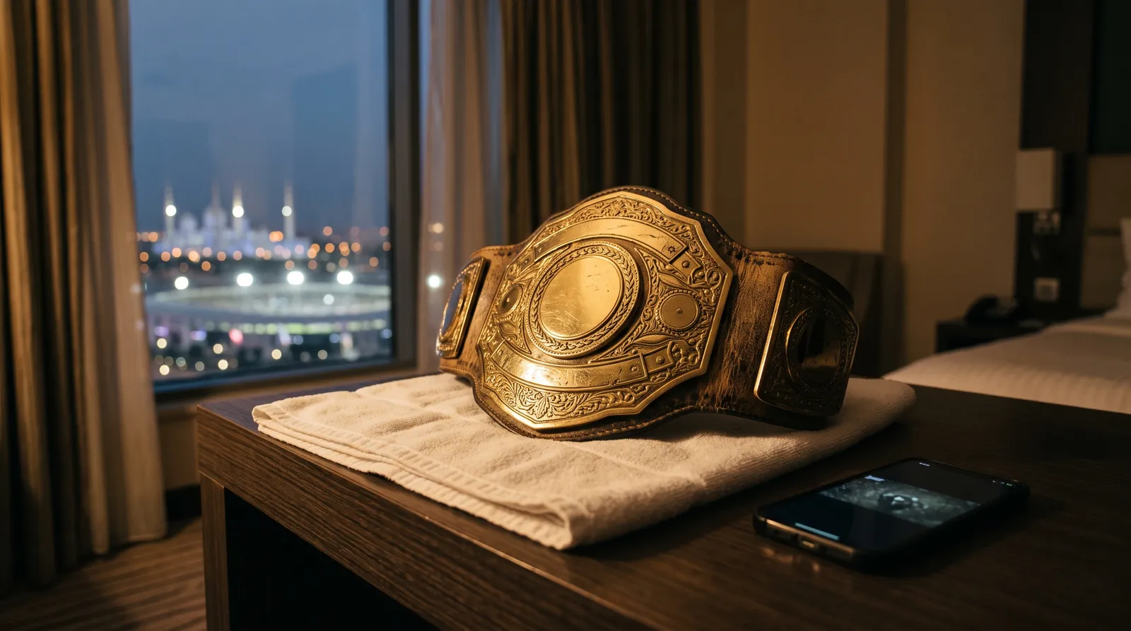 A UFC championship belt on a towel in a dim hotel room overlooking Abu Dhabi