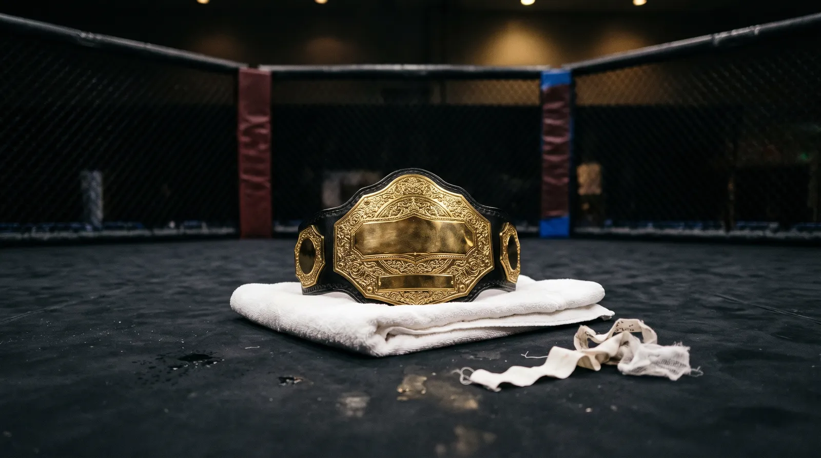 A championship belt resting on a towel on an empty octagon canvas under dim arena lights