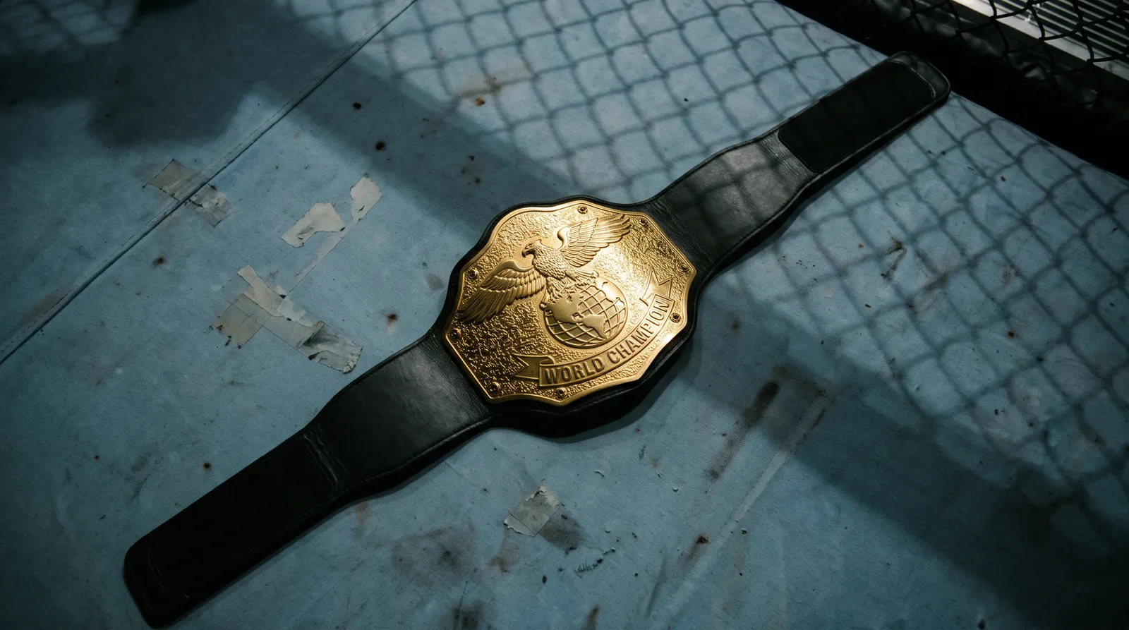 A championship belt resting on an empty octagon canvas under work lights