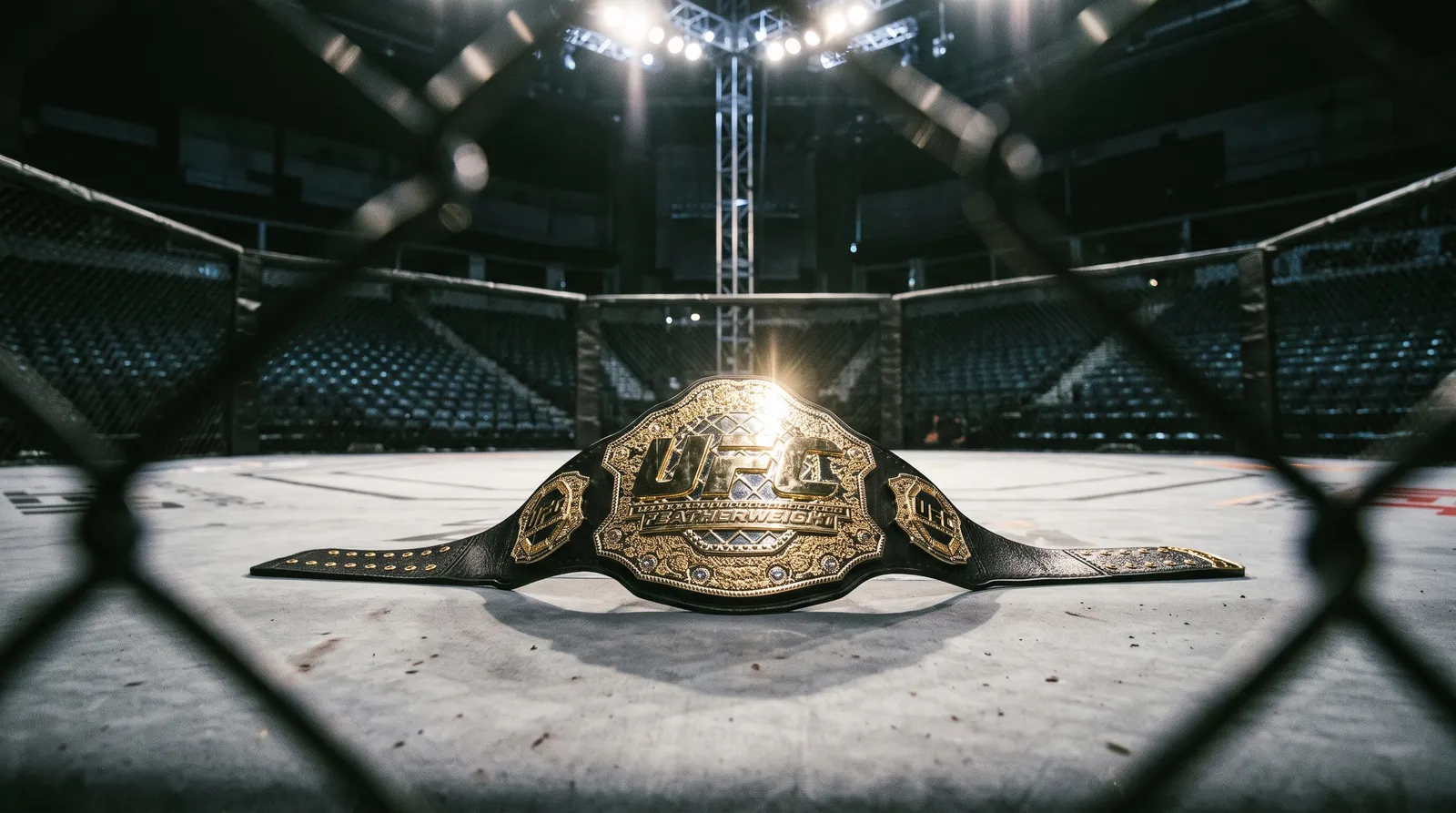 A featherweight championship belt lying on an empty octagon canvas under work lights