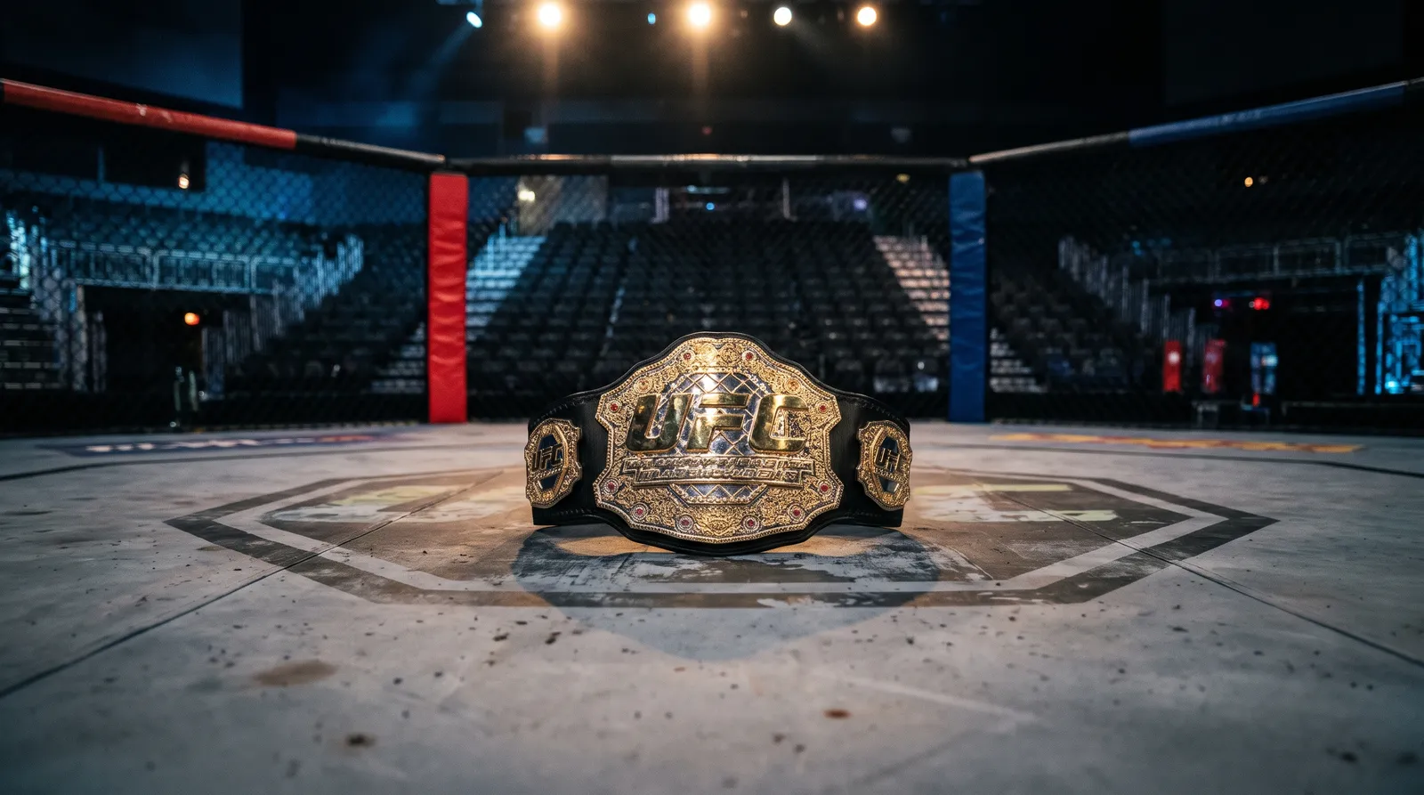 A championship belt resting on an empty octagon canvas under arena lights
