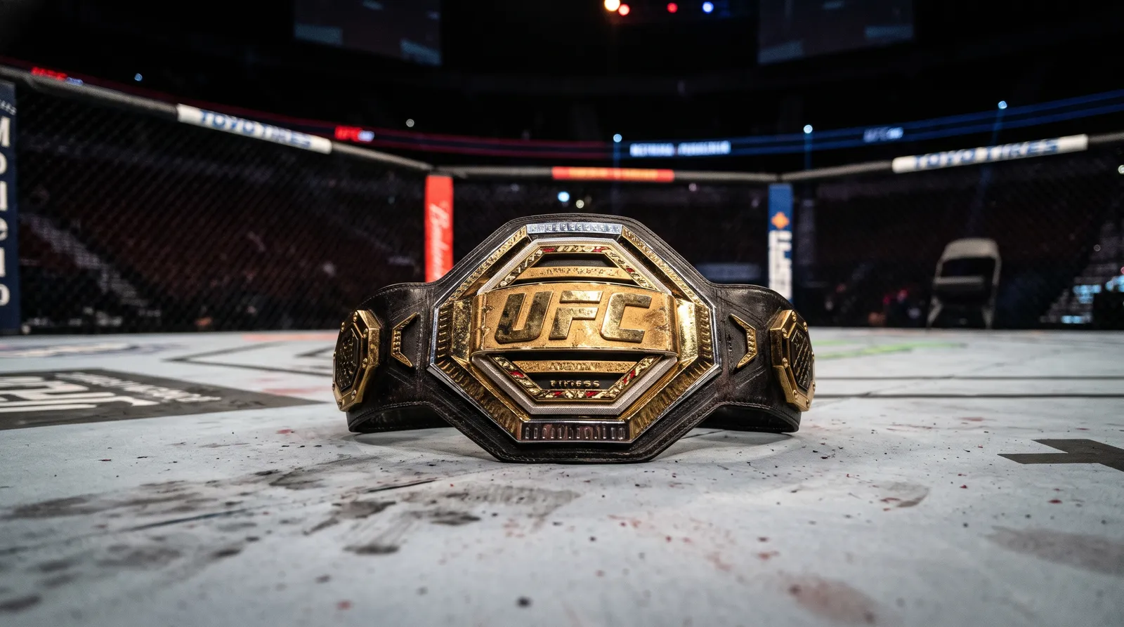 A championship belt lying on the octagon canvas under bright arena lights