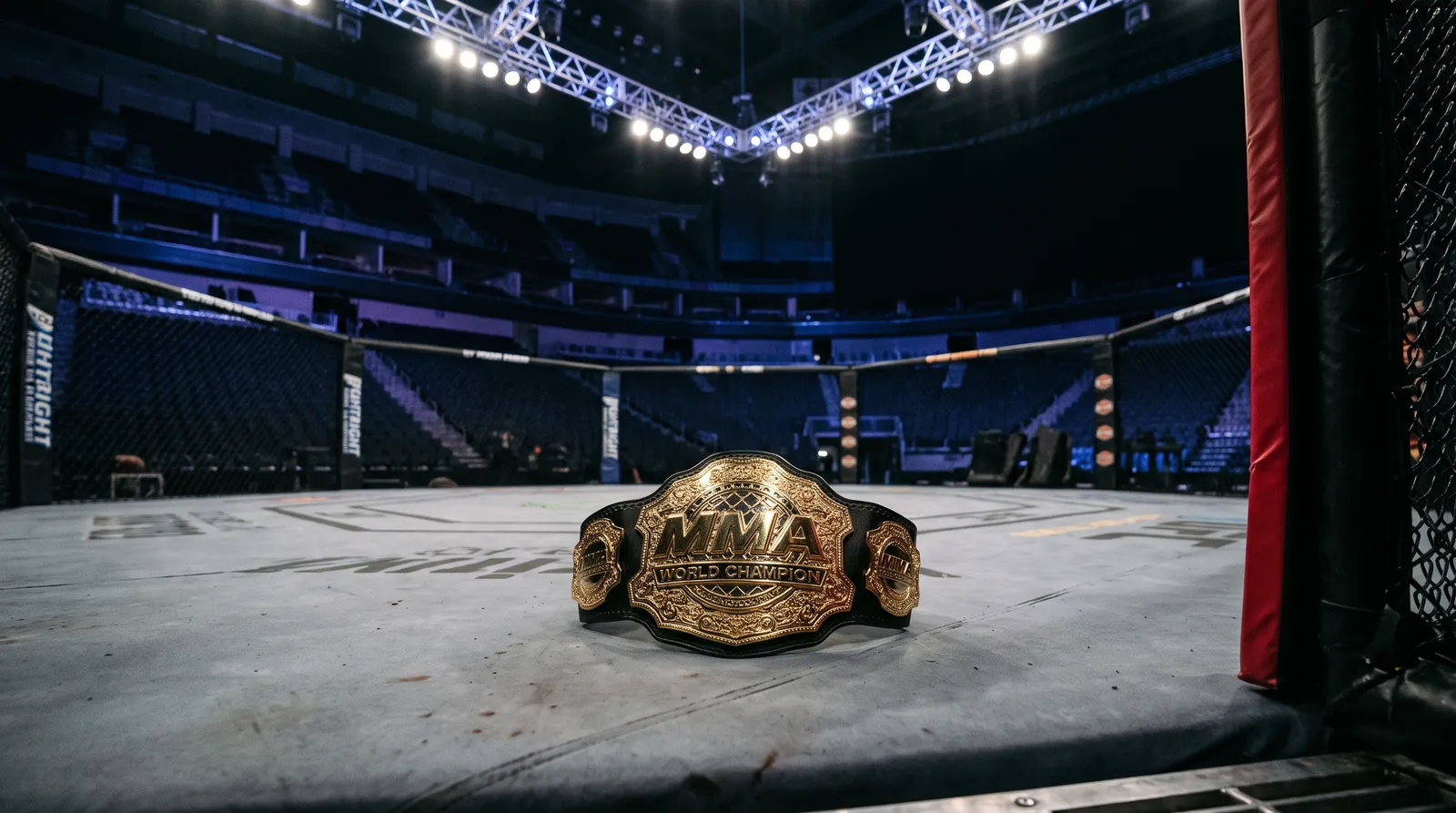 A championship belt resting on the canvas of an empty octagon under work lights