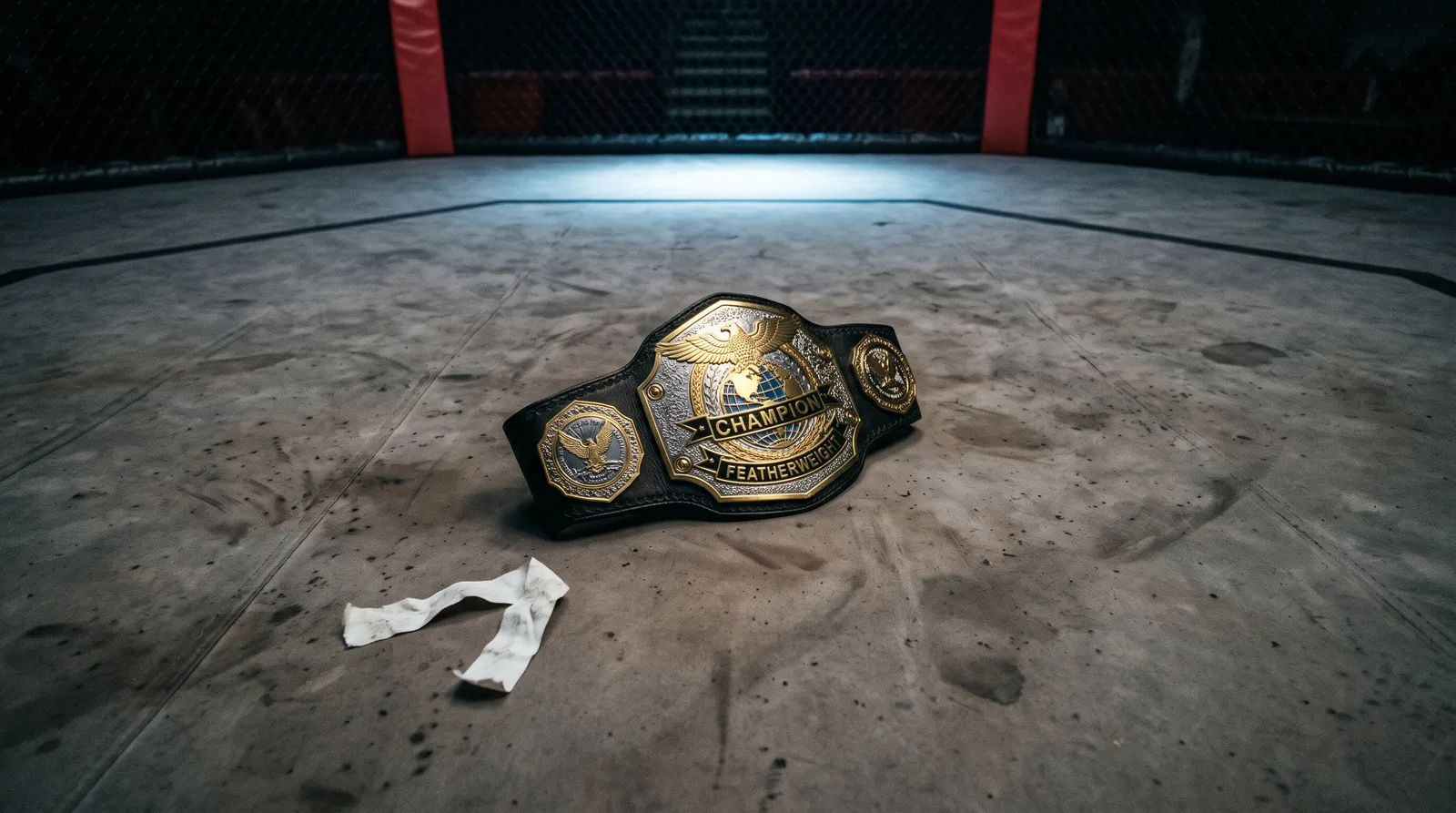 A championship belt resting alone on an empty octagon canvas under a single work light