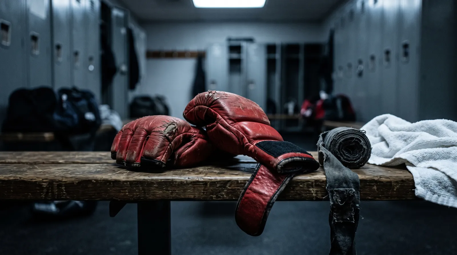 Worn MMA gloves and hand wraps resting on a locker room bench under harsh light