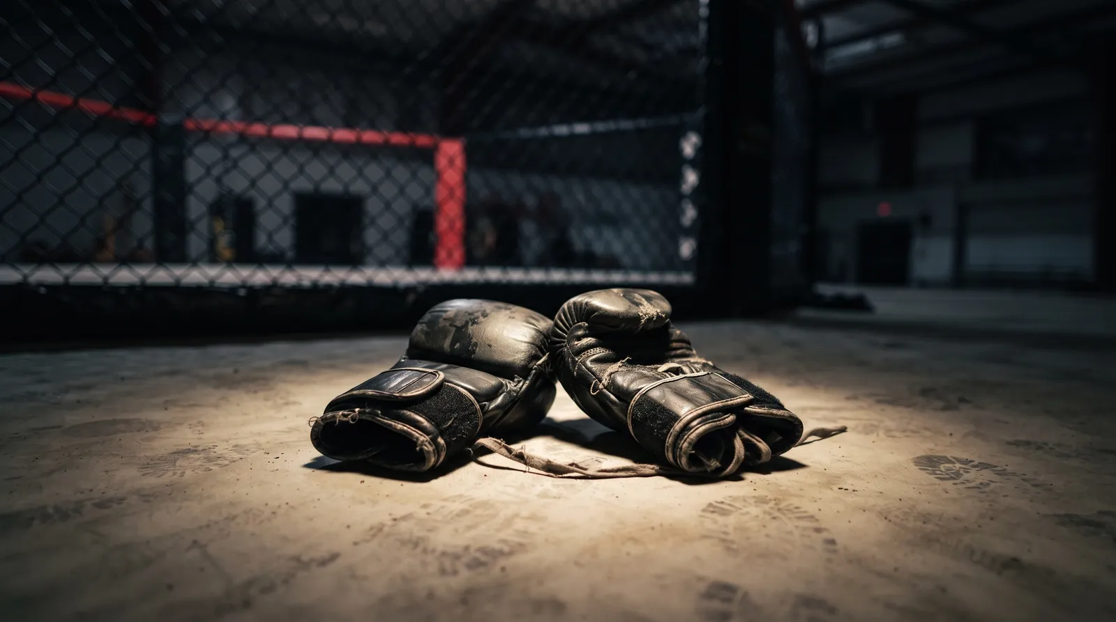 Worn MMA gloves resting on an empty octagon canvas under a single work light