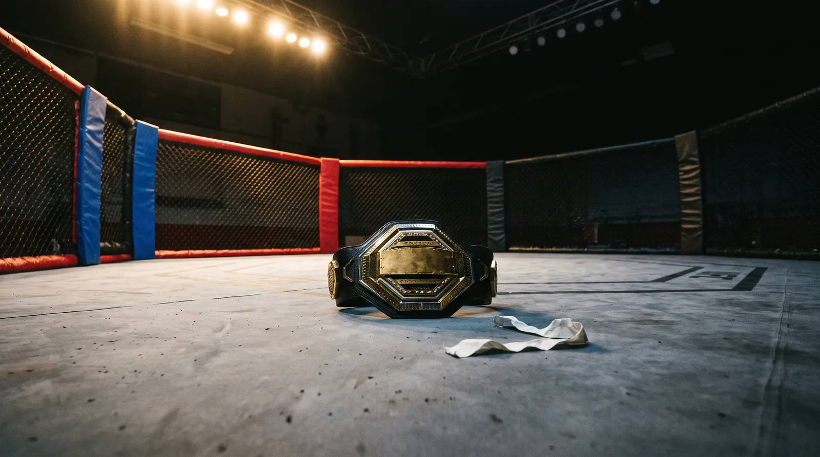 A championship belt resting alone on an empty octagon canvas under work lights