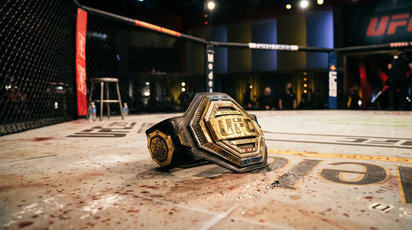 A UFC championship belt resting on the octagon canvas under arena lights