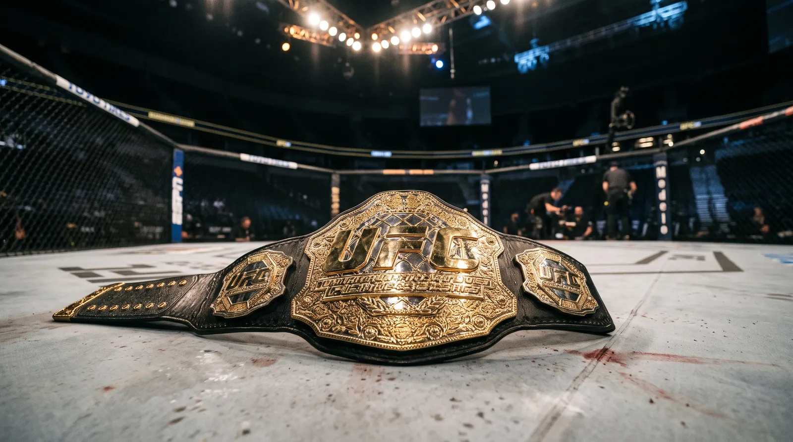 A championship belt lying on the octagon canvas under bright arena lights after a fight