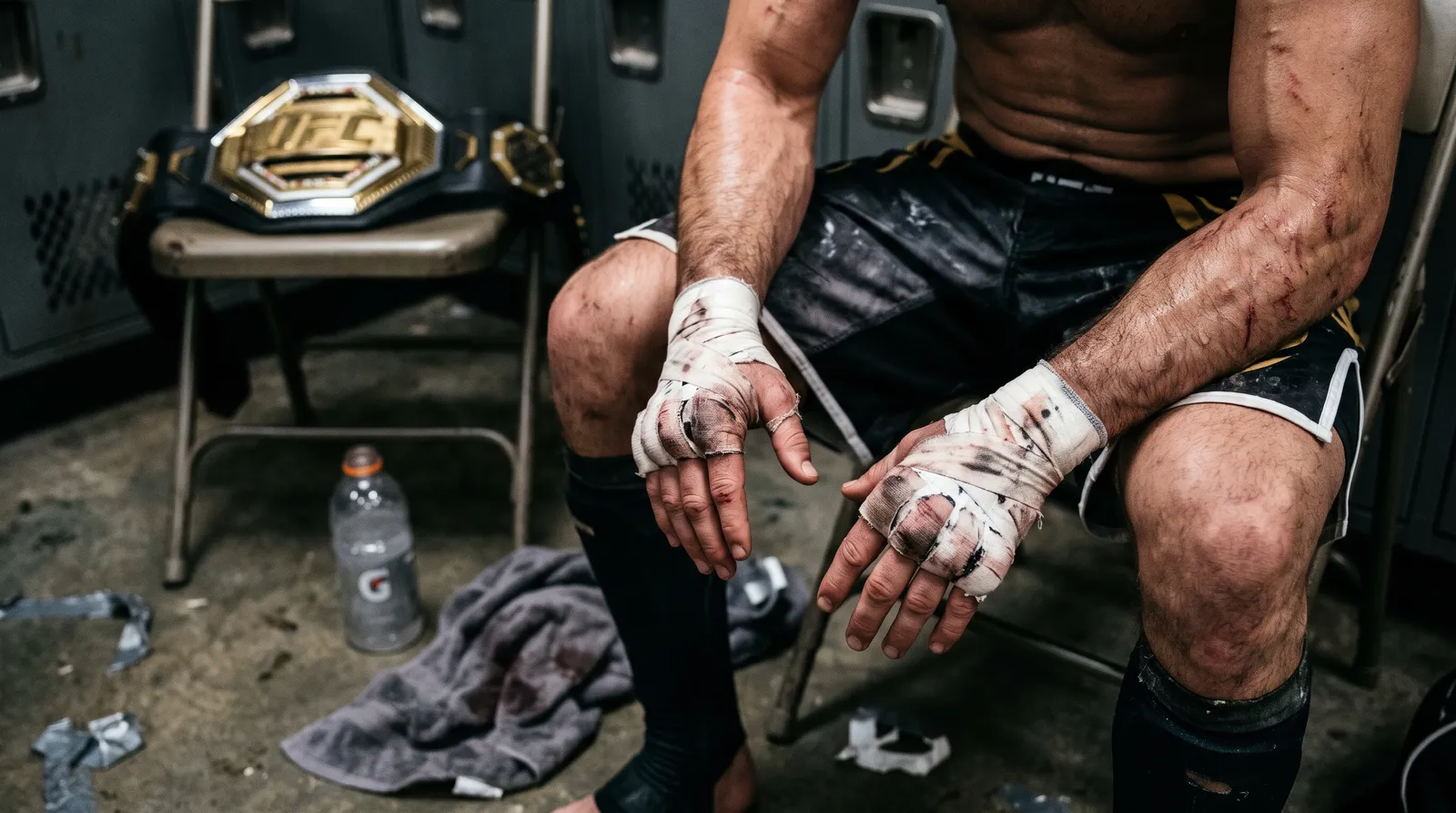 A fighter's cut hand wraps resting on his knees in a locker room, with a championship belt on a chair behind him
