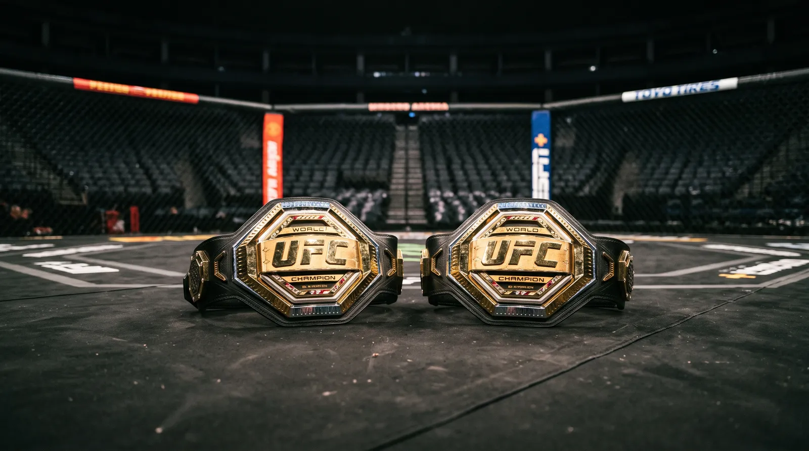 Two UFC championship belts lying side by side on an empty octagon canvas under arena lights