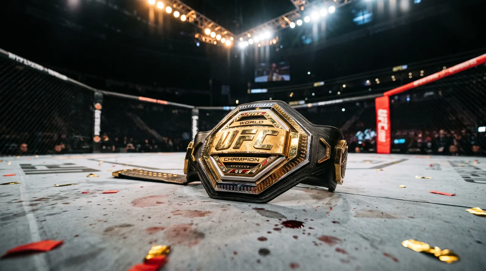 A championship belt lying on the octagon canvas under arena lights