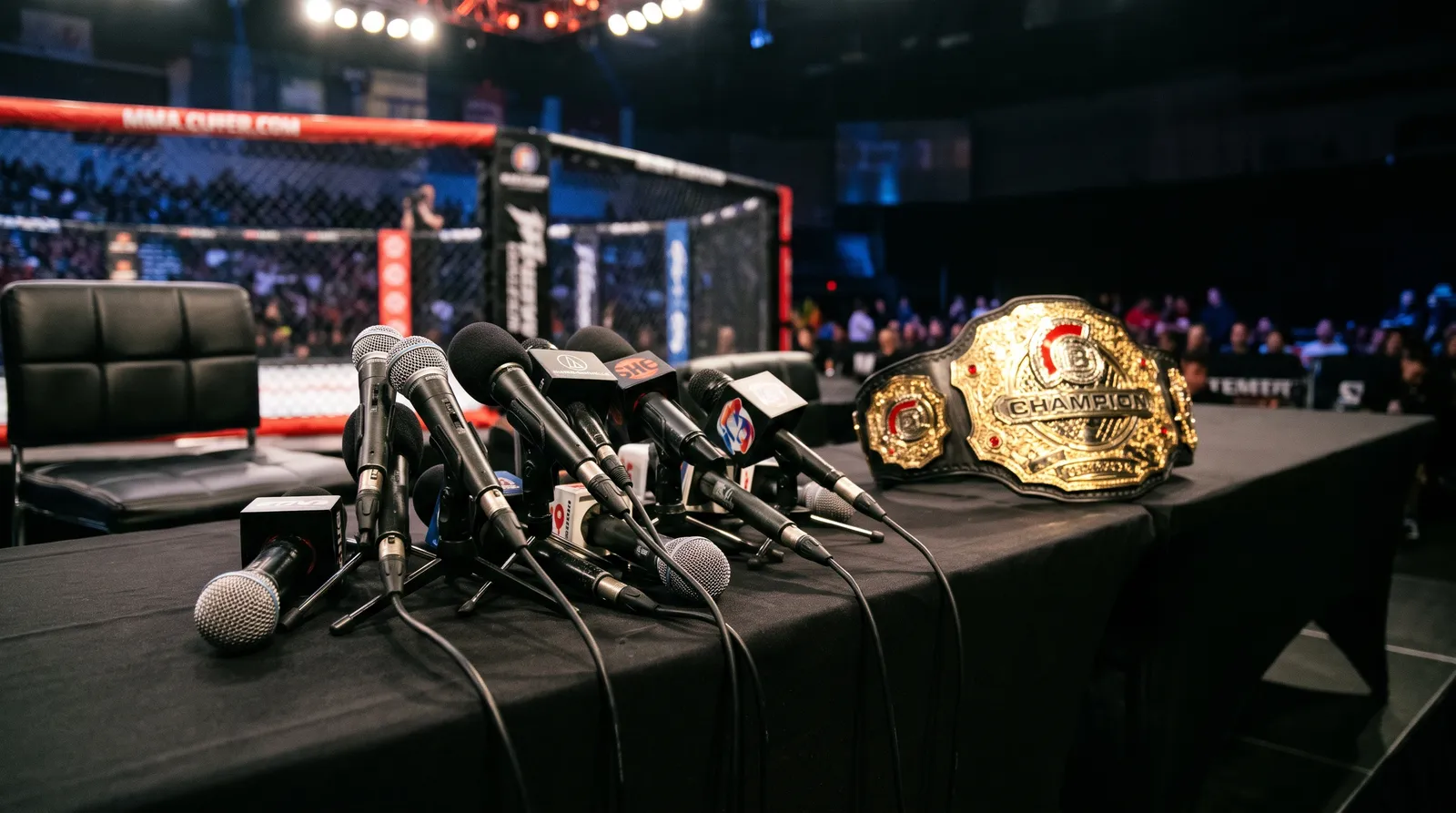 Microphones and a championship belt on a press conference table under stage lights