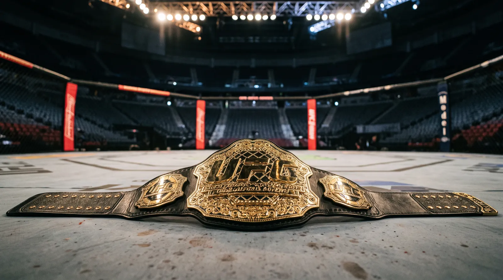 A championship belt resting on the canvas of an empty octagon under work lights