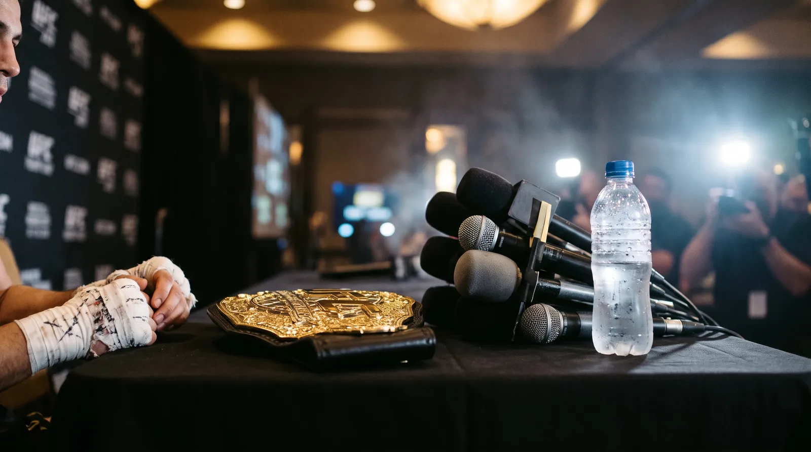 A championship belt resting on a press conference table beside a cluster of microphones under stage lights
