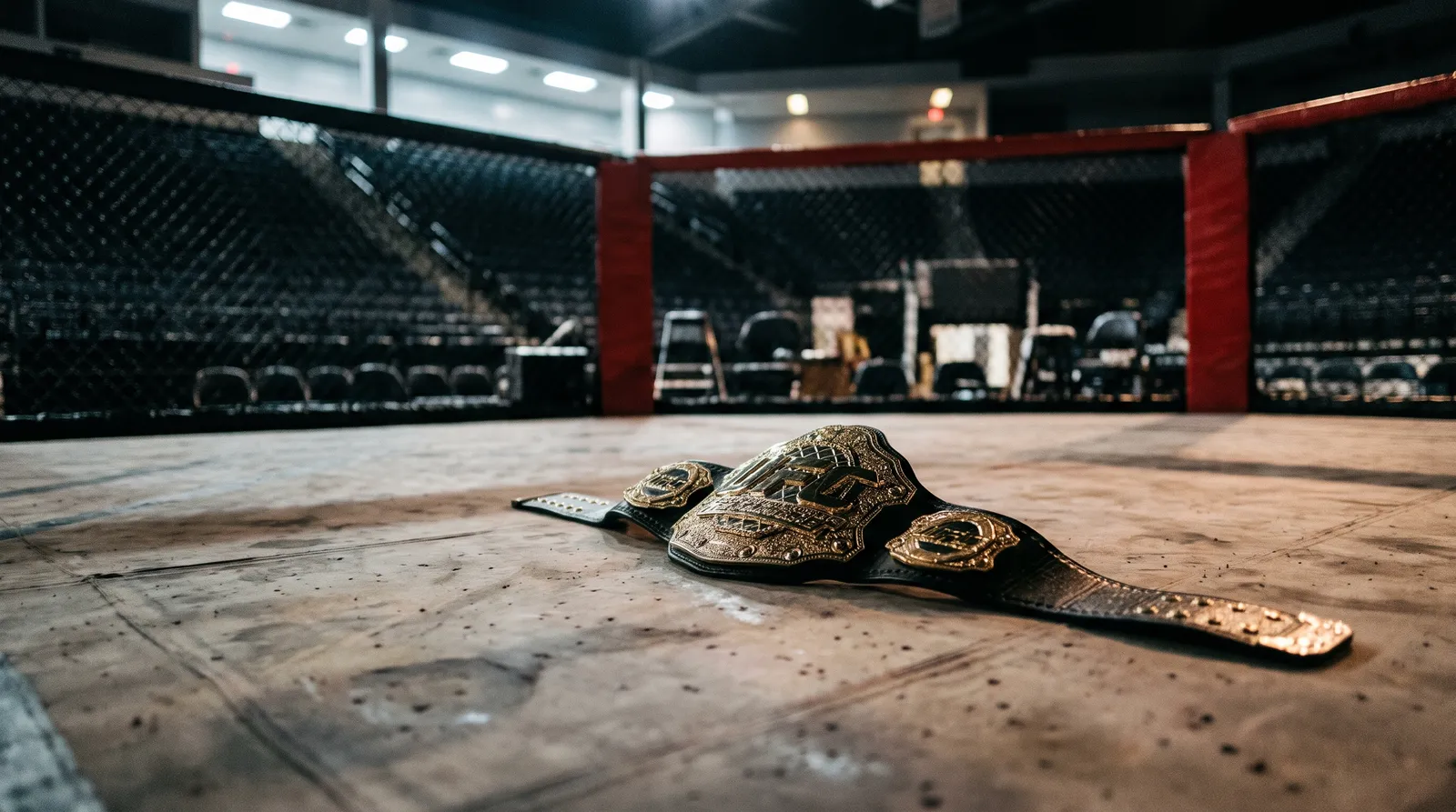 A championship belt resting on the canvas of an empty octagon under work lights