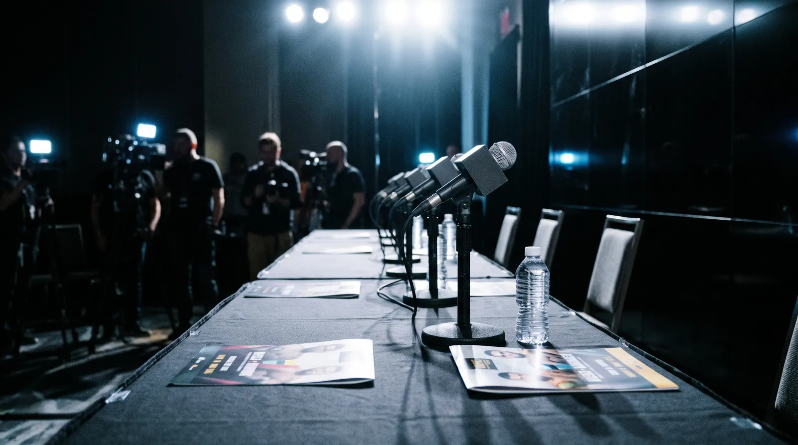 Empty press conference table lined with microphones under stage lights before a UFC fight week presser