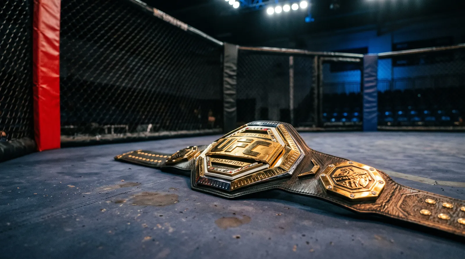 A championship belt lying on the canvas of an empty octagon under work lights