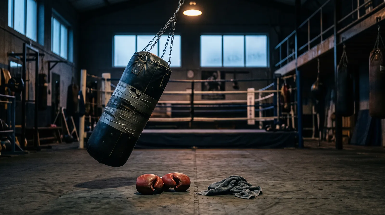 A heavy bag and worn sparring gloves in an empty gym at dawn