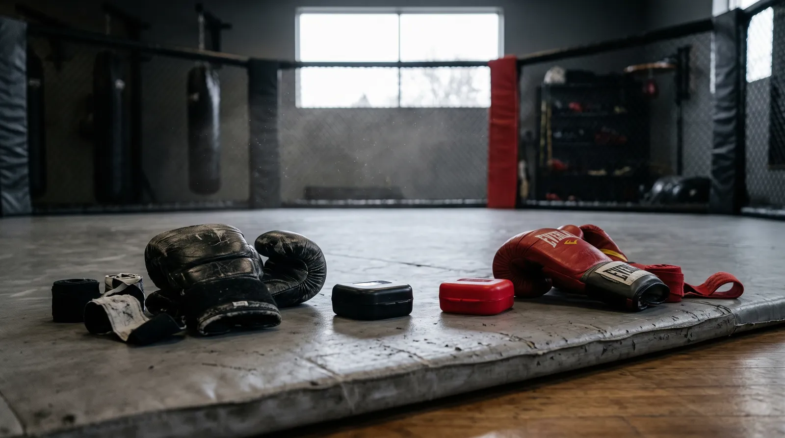 Two pairs of sparring gloves resting on a gym mat in morning light