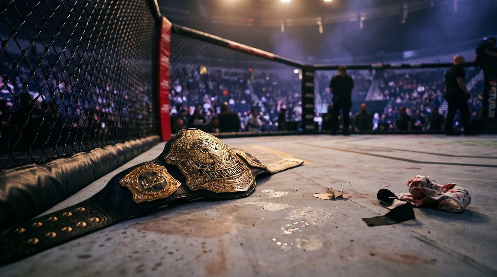 A championship belt resting on the octagon canvas beside a discarded hand wrap after a title fight