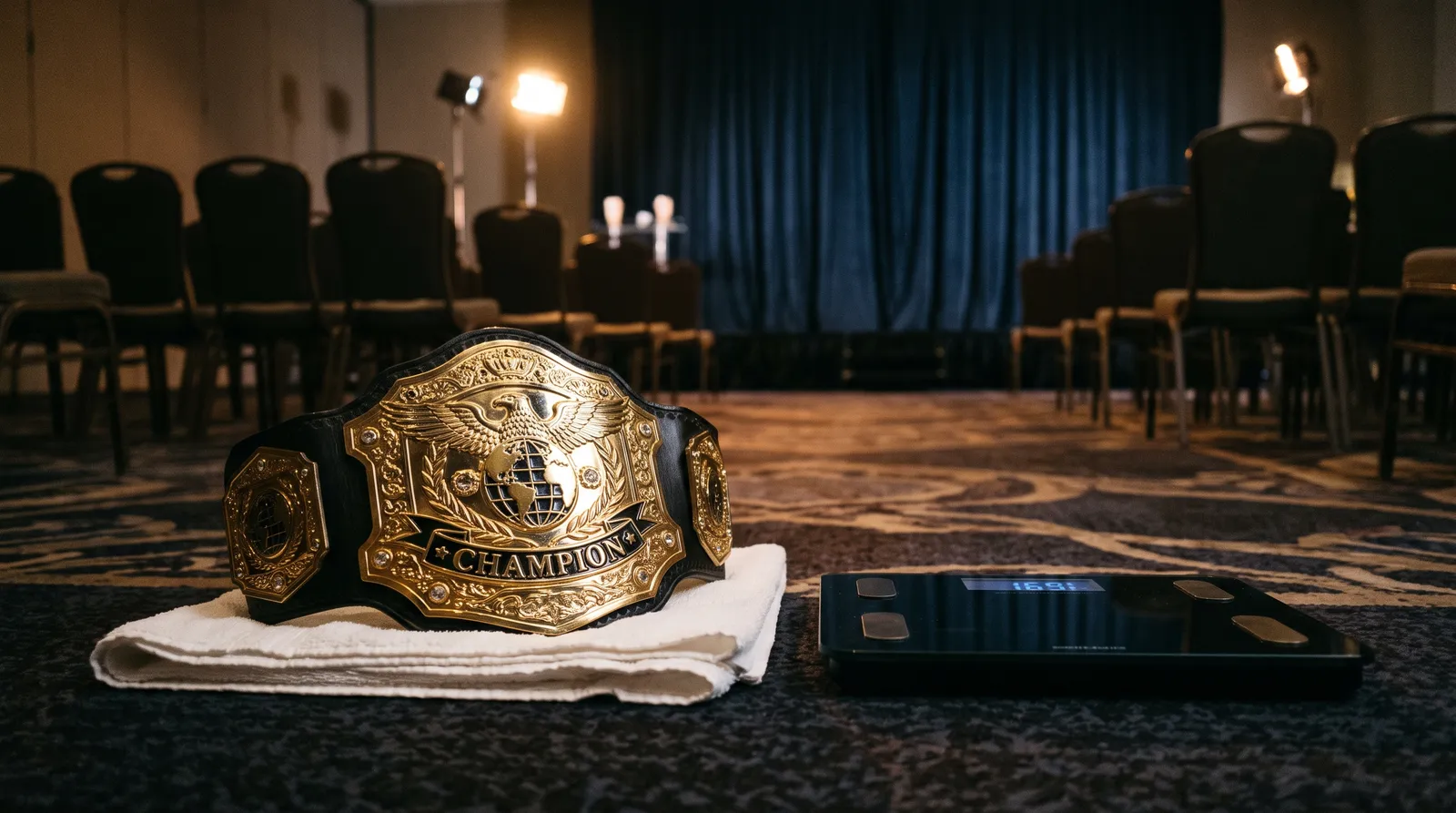 A championship belt resting on a towel next to a weigh-in scale under warm stage light
