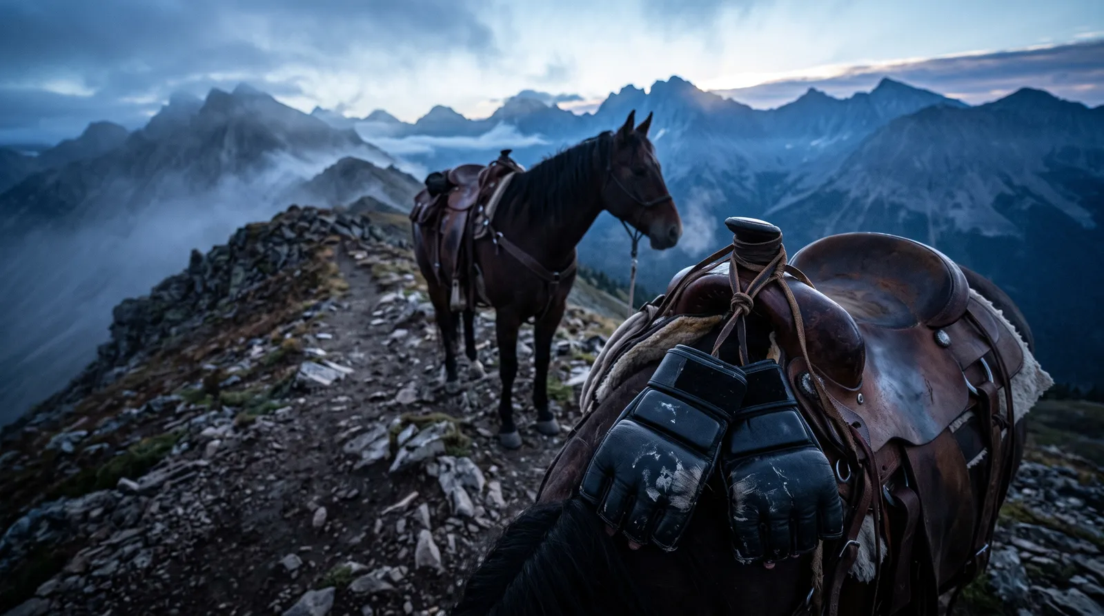 A saddled horse on a misty mountain trail with MMA gloves tied to the saddle