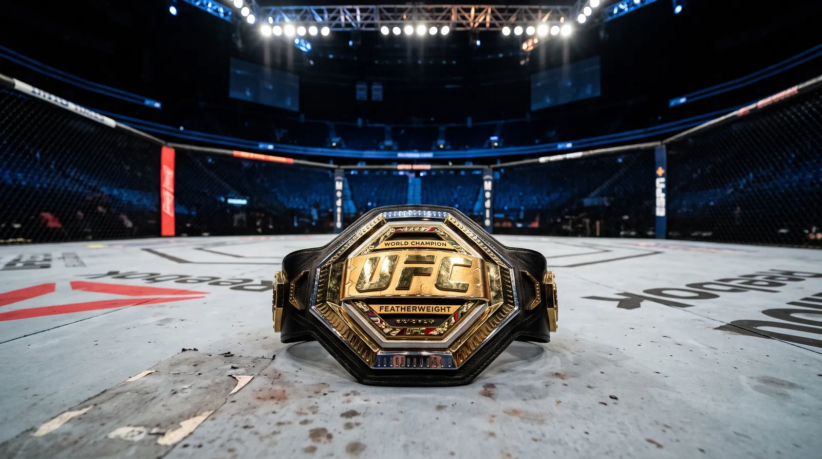 A championship belt resting on an empty octagon canvas under arena lights