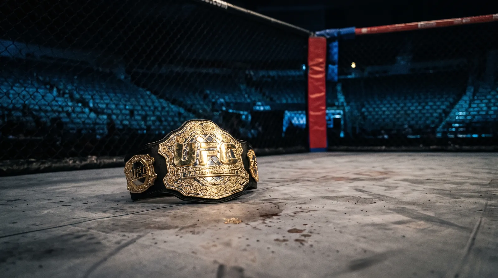 A championship belt lying on the canvas of an empty octagon under work lights