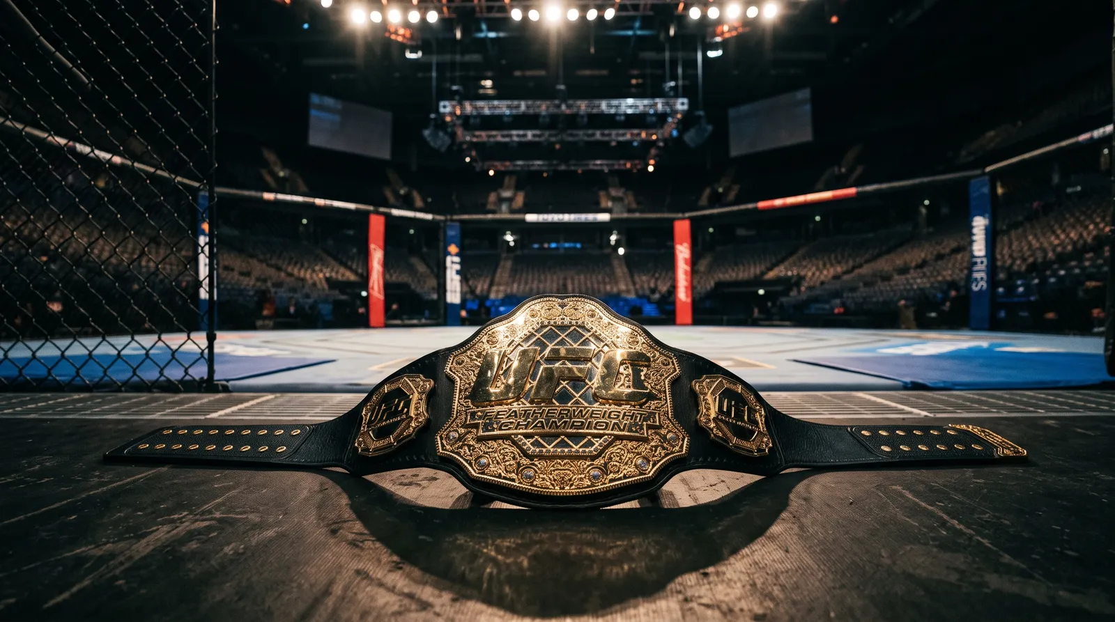 A featherweight championship belt resting on the canvas of an empty octagon under work lights