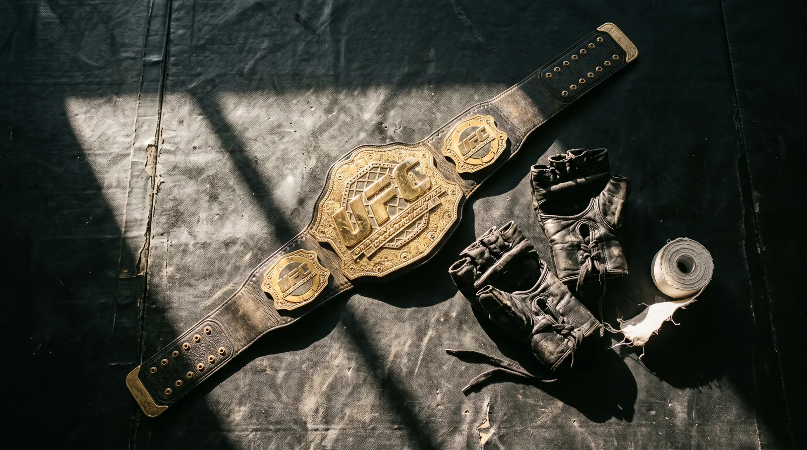 A championship belt resting on a gym mat next to MMA gloves and athletic tape in morning light