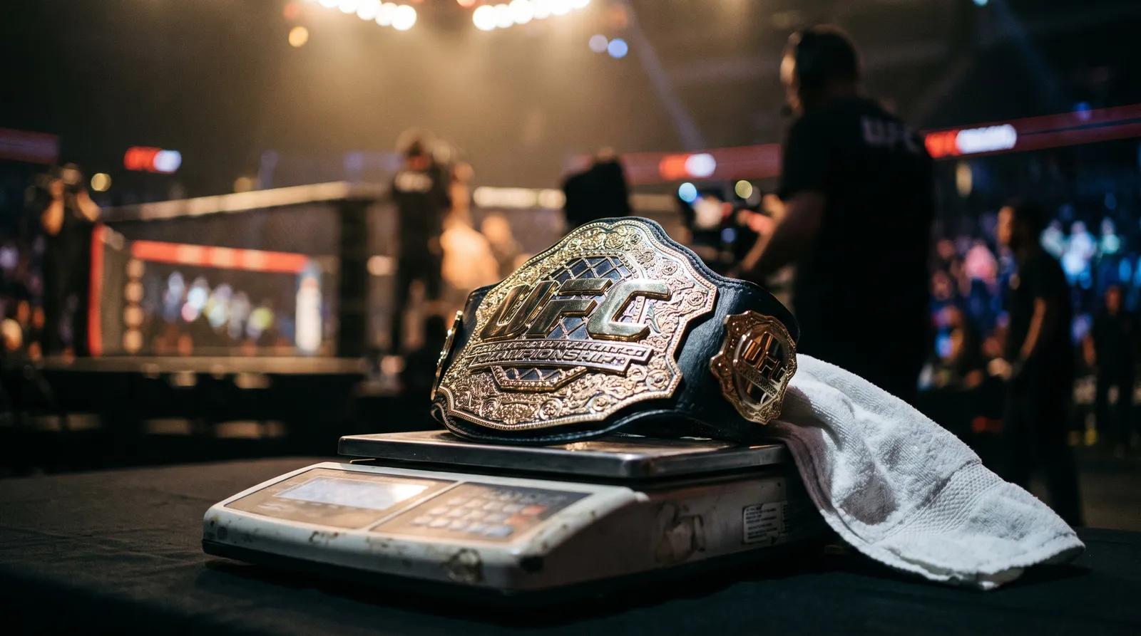 A championship belt resting on a weigh-in scale under stage lights