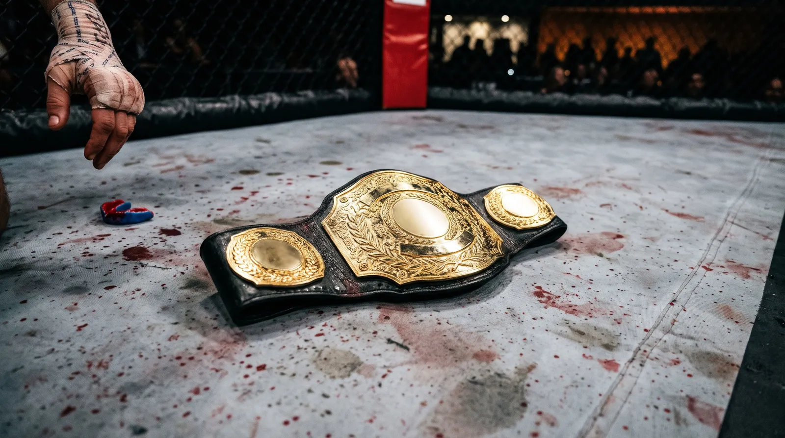 A featherweight championship belt resting on octagon canvas after a title fight