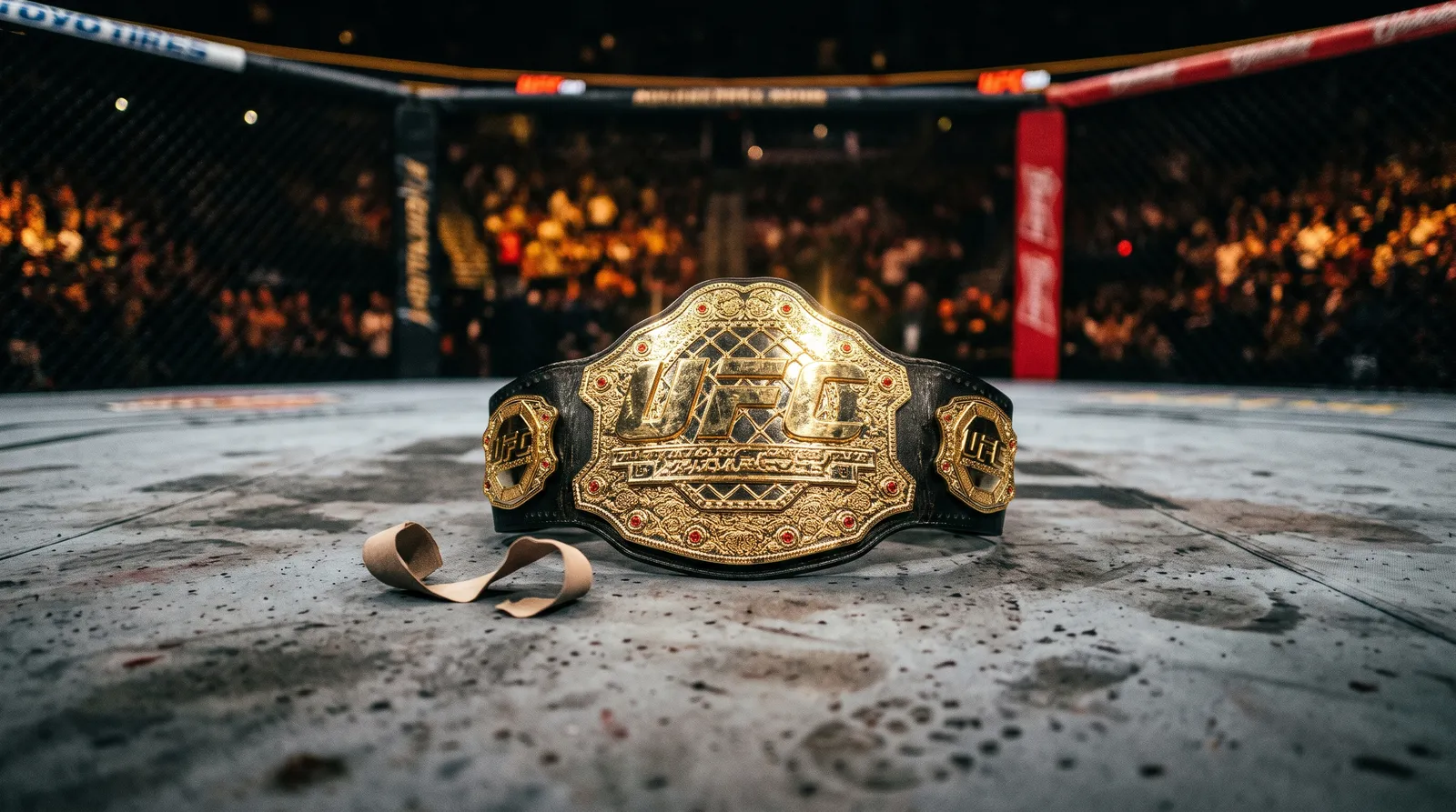 A championship belt resting on an octagon canvas under arena lights after a title fight