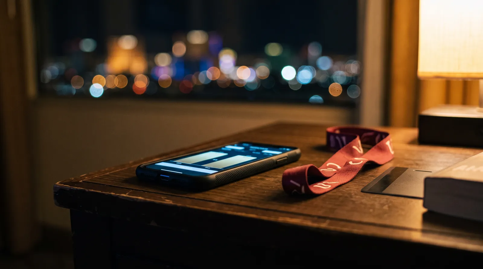 A phone glowing on a hotel nightstand showing evenly split odds bars at night