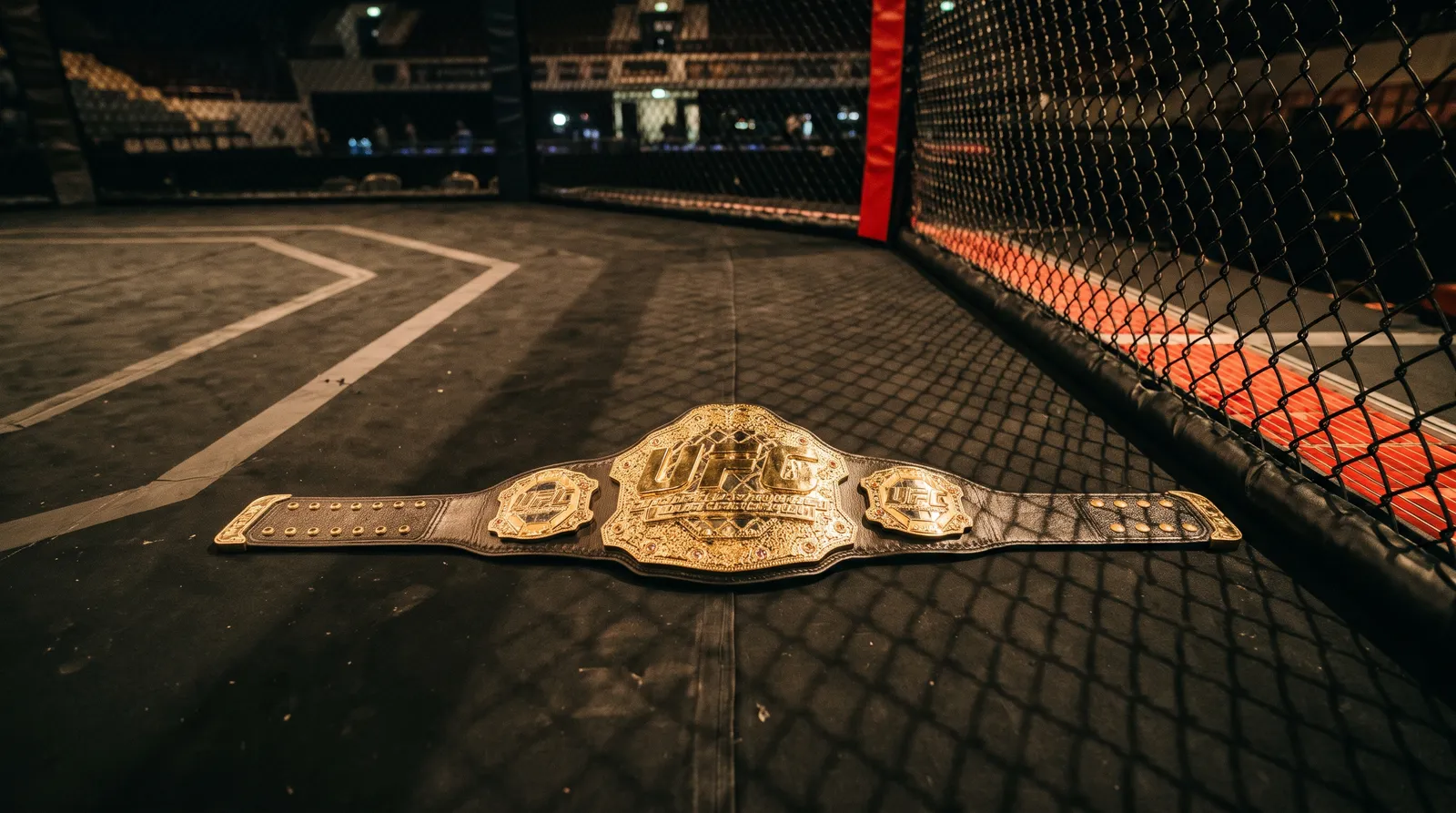 A championship belt resting on the octagon canvas under arena lights