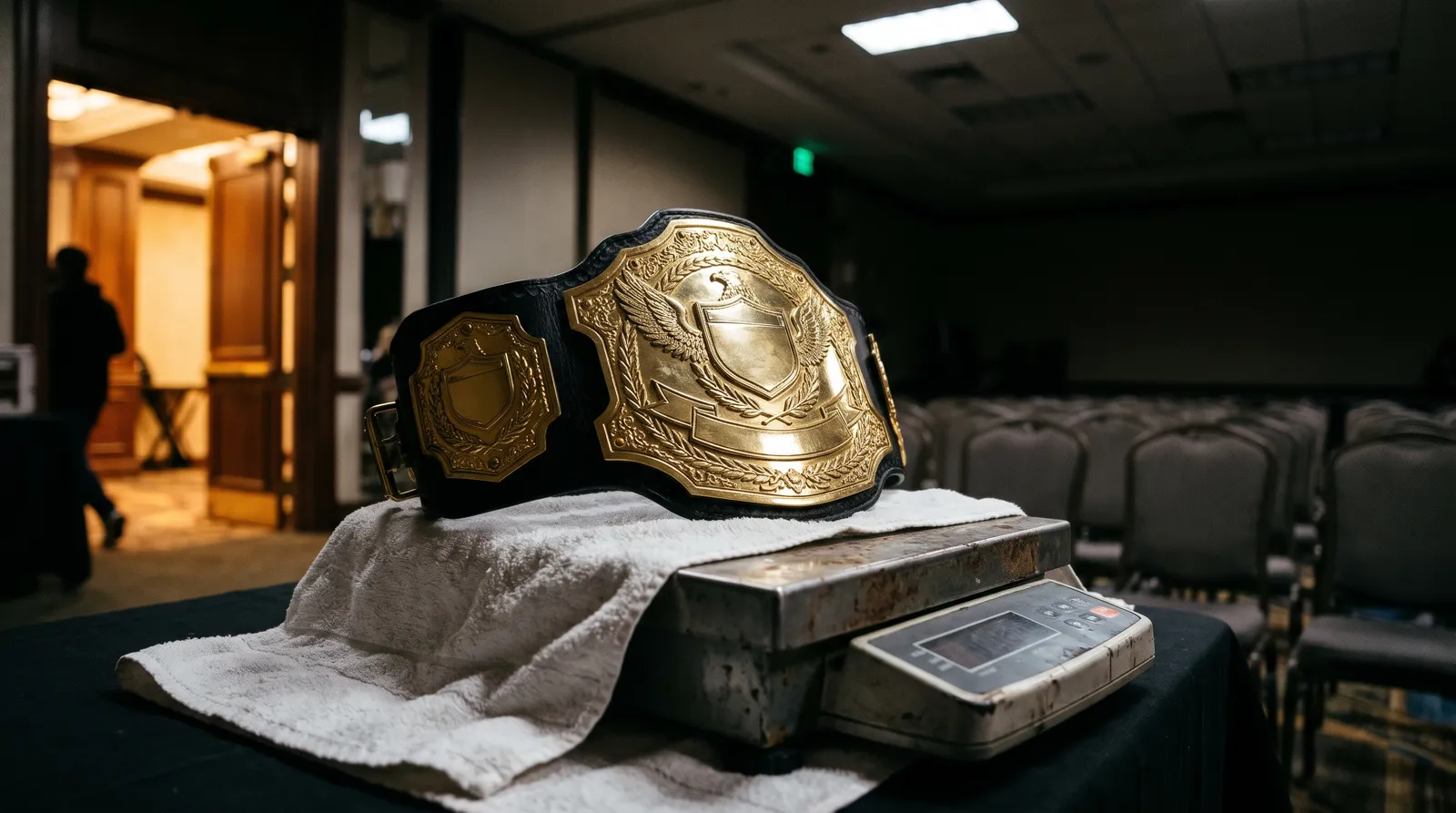Championship belt resting on a weigh-in scale with a towel