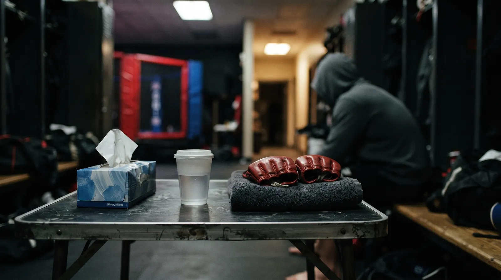 Fight gloves and a box of tissues on a locker room table before a main event