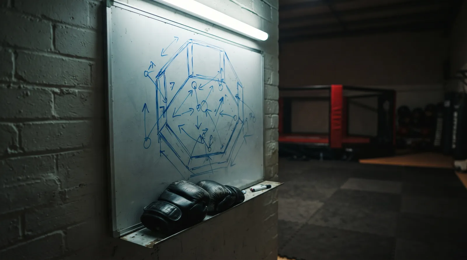 A gym whiteboard with octagon footwork diagrams above a pair of worn MMA gloves