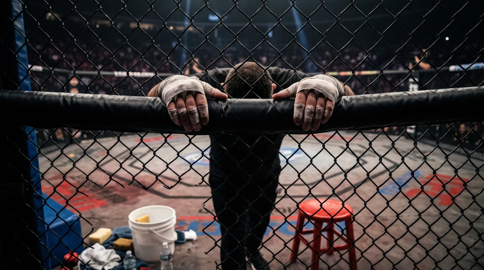 A coach's taped hands gripping the octagon fence beside a corner stool and bucket under arena lights