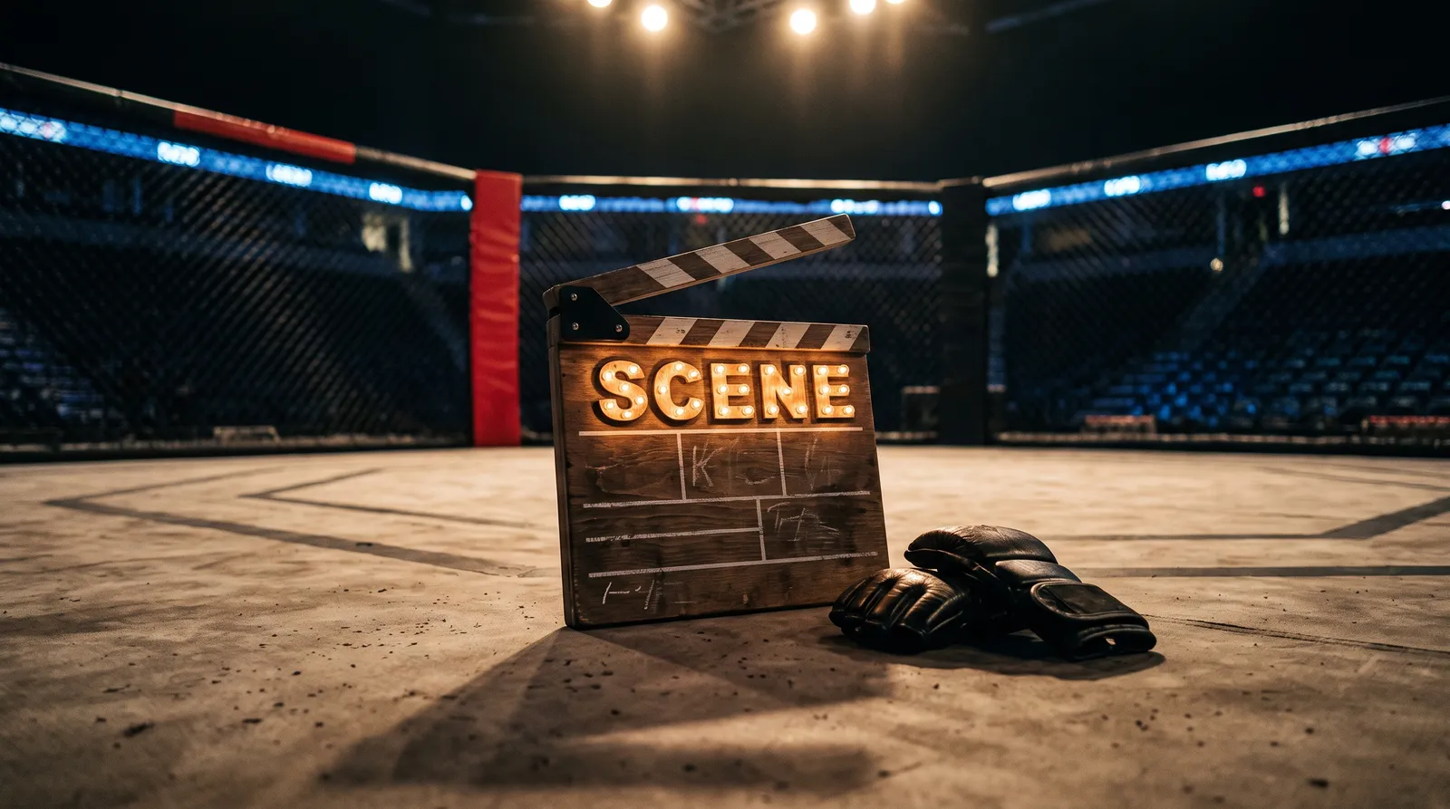 A film clapperboard and MMA gloves resting on the canvas of an empty octagon under warm work lights