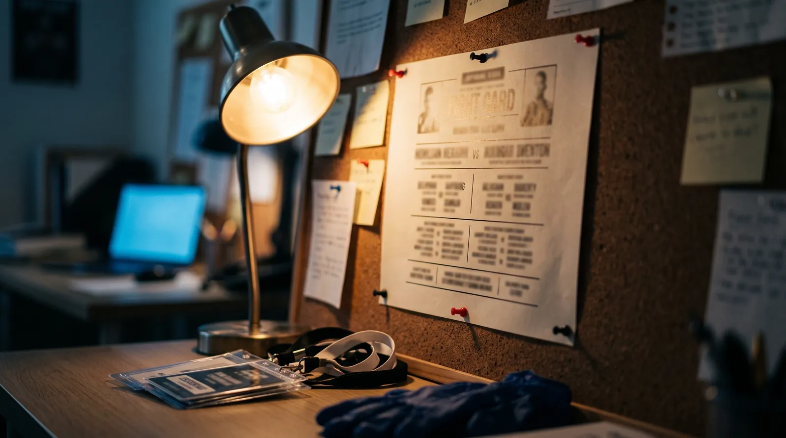 A blurred printed fight card pinned to a corkboard under warm desk lamp light