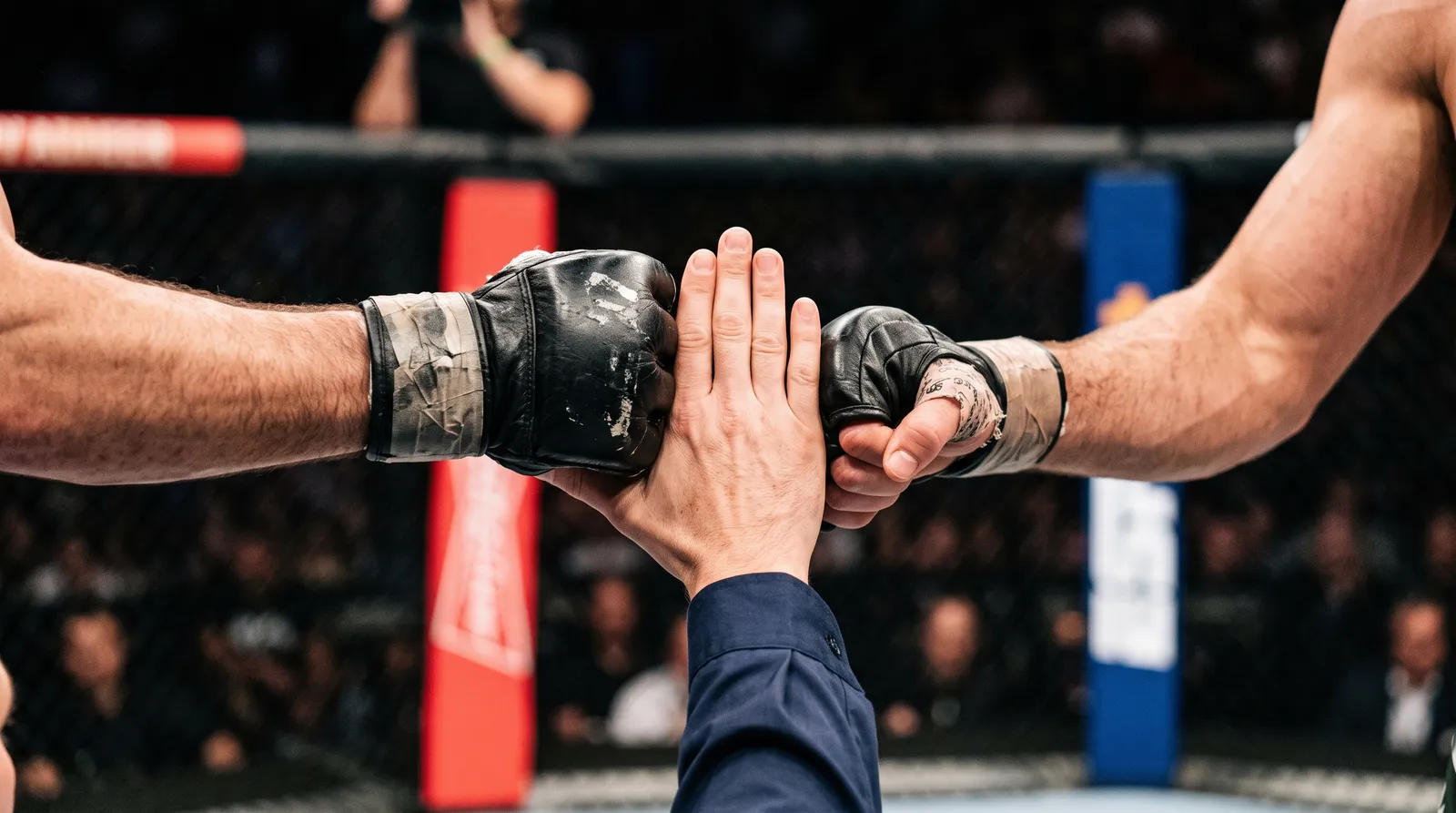 A referee's hand separating two fighters' gloves under bright arena lights
