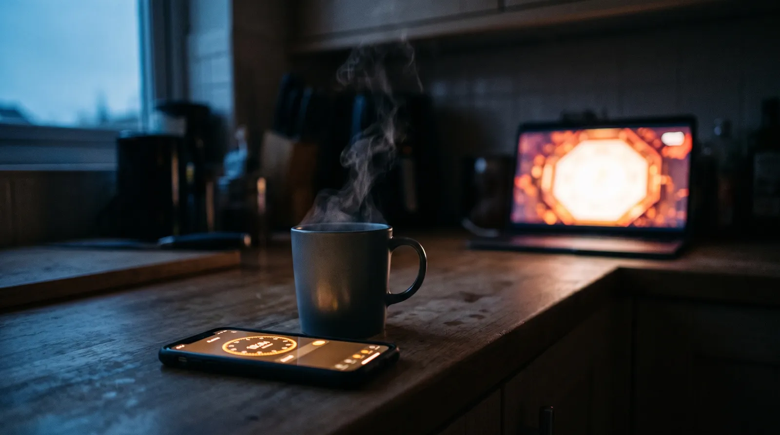 A phone alarm and coffee mug on a kitchen counter at dawn, with a fight broadcast glowing on a laptop behind them
